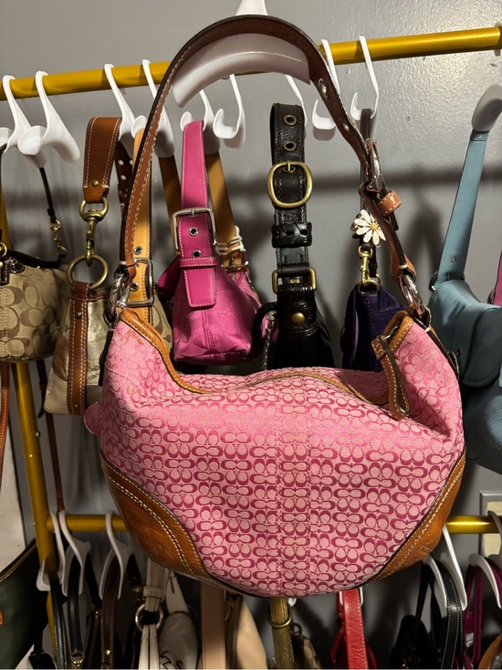 Coach Handbags - Coach Pink Signature Canvas Shoulder Bag with Tan Leather Trim